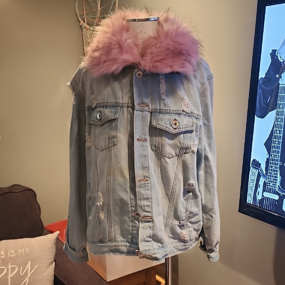 Blue Jean Jacket with Pink Fur Collar